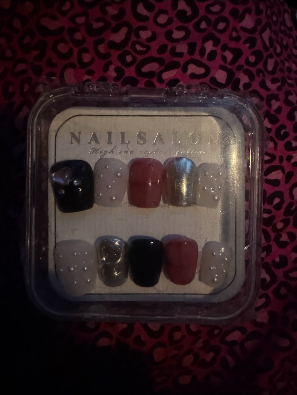 Mixed Color Press-On Nail Set - Black, Pink, Silver, White